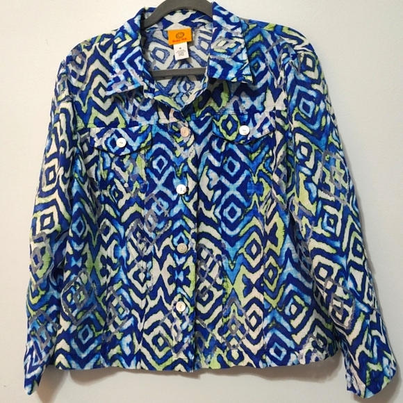 Ruby Rd. Green, Blue & White Long Sleeve Front Button Lightweight Jacket Size 16 - Picture 1 of 13